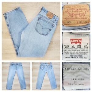 Vintage 1995 Levi's 501 Jeans Men W38 L32 Light Wash Blue Denim Made In USA EUC